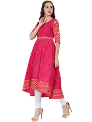 Pink printed 3/4th sleeve cotton Anarkali kurta
