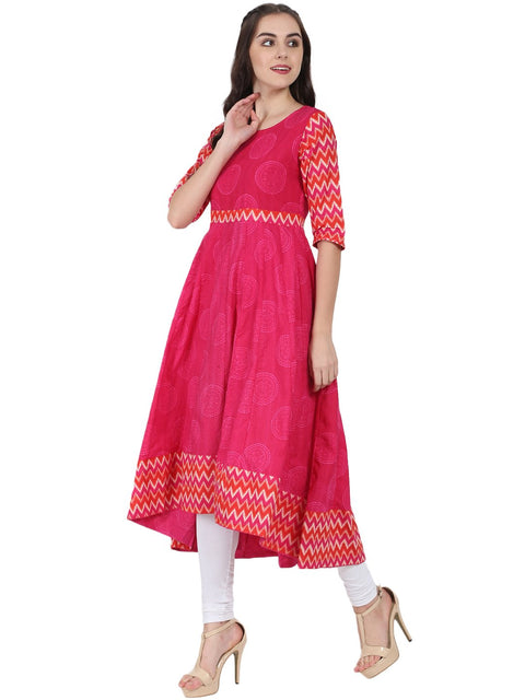 Pink printed 3/4th sleeve cotton Anarkali kurta