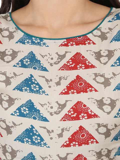 Blue printed sleeveless cotton A-line kurta with blue Palazzo