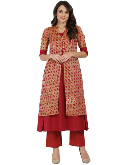Red printed 3/4th sleeve Chandri double layer kurta