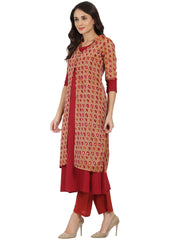 Red printed 3/4th sleeve Chandri double layer kurta