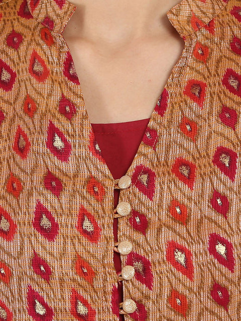 Red printed 3/4th sleeve Chandri double layer kurta