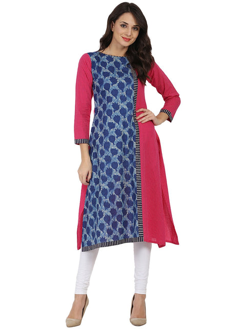 Blue & Pink printed 3/4th sleeve Cotton kurta