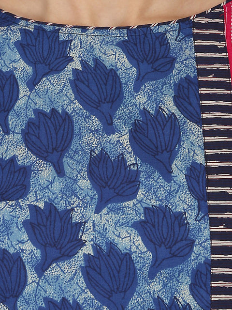 Blue & Pink printed 3/4th sleeve Cotton kurta