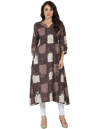 Taupe printed 3/4th sleeve Cotton Anarkali kurta