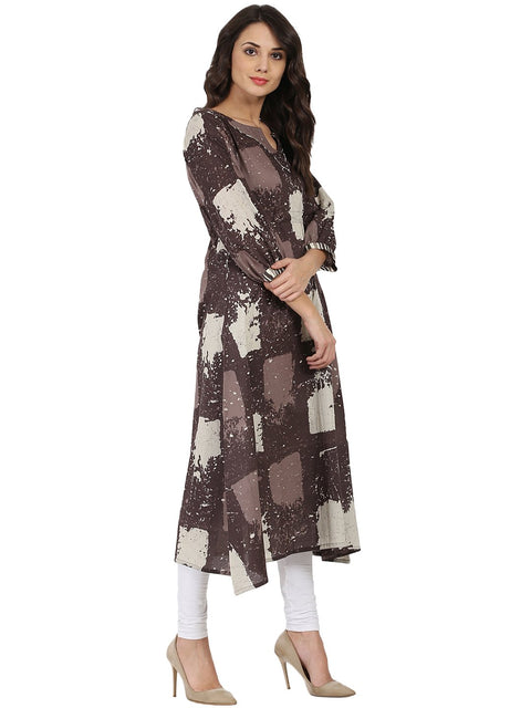 Taupe printed 3/4th sleeve Cotton Anarkali kurta