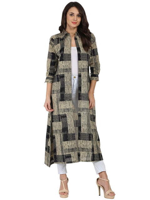 Beige & Black printed 3/4th sleeve cotton cape kurta with front open