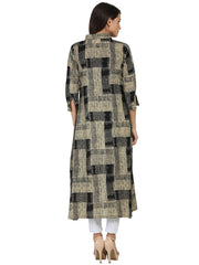 Beige & Black printed 3/4th sleeve cotton cape kurta with front open