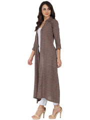 Brown printed 3/4th sleeve cotton kurta with front open