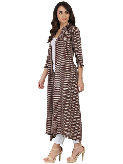 Brown printed 3/4th sleeve cotton kurta with front open