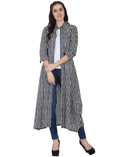 Blue printed 3/4th sleeve cotton kurta with front open