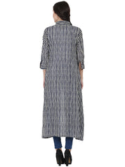 Blue printed 3/4th sleeve cotton kurta with front open