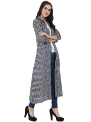 Blue printed 3/4th sleeve cotton kurta with front open