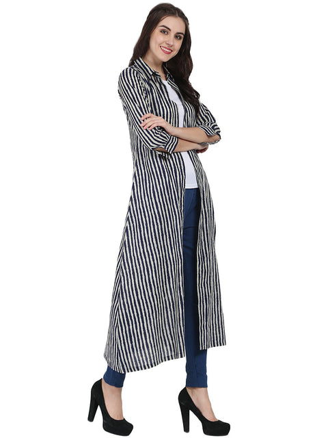 Blue printed 3/4th sleeve cotton kurta with front open