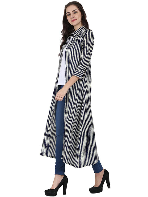 Blue printed 3/4th sleeve cotton kurta with front open