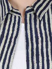 Blue printed 3/4th sleeve cotton kurta with front open