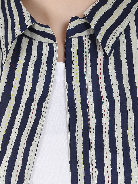 Blue printed 3/4th sleeve cotton kurta with front open