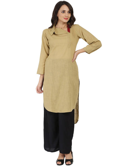 Beige 3/4th sleeve cotton slub straight kurta