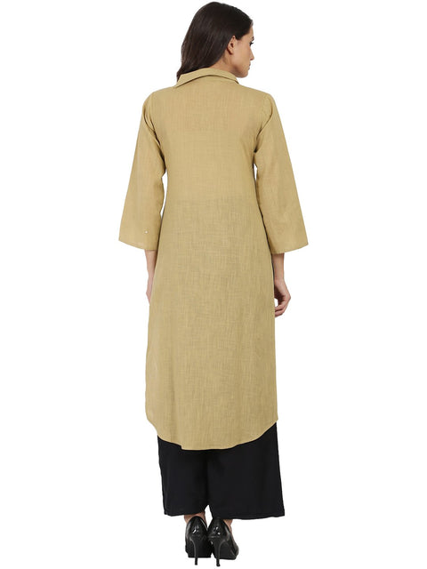 Beige 3/4th sleeve cotton slub straight kurta