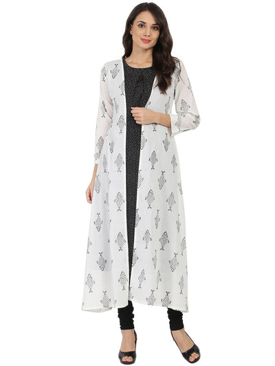 Dark grey sleevelss Cotton A-line kurta with white printed long jacket open at front
