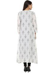 Dark grey sleevelss Cotton A-line kurta with white printed long jacket open at front