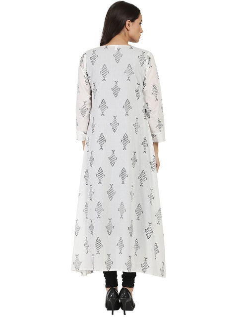 Dark grey sleevelss Cotton A-line kurta with white printed long jacket open at front