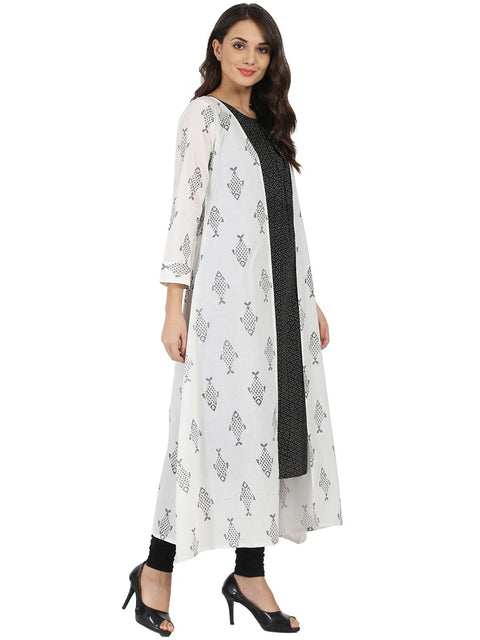 Dark grey sleevelss Cotton A-line kurta with white printed long jacket open at front