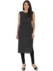 Dark grey sleevelss Cotton A-line kurta with white printed long jacket open at front