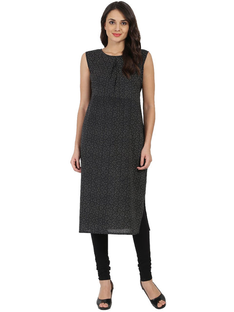 Dark grey sleevelss Cotton A-line kurta with white printed long jacket open at front