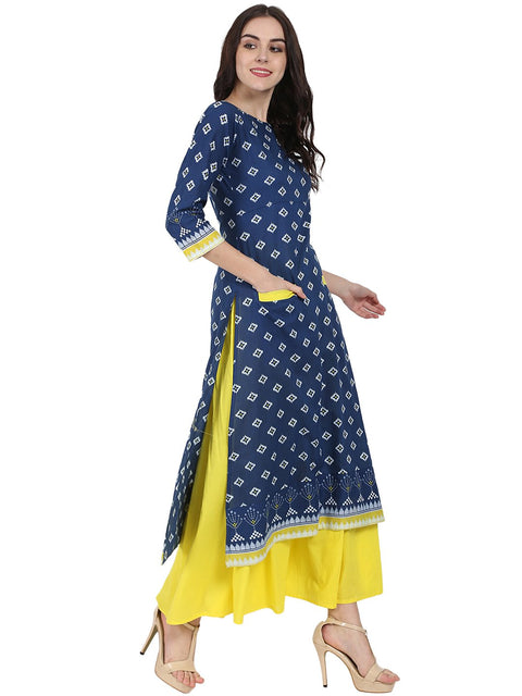 Blue printed 3/4th sleeve cotton double pocket Kurta with yellow flared ankle length skirt