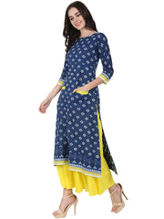 Blue printed 3/4th sleeve cotton double pocket Kurta with yellow flared ankle length skirt