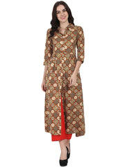 Rust printed 3/4th sleeve cotton A-line Kurta with red Tulip Pant