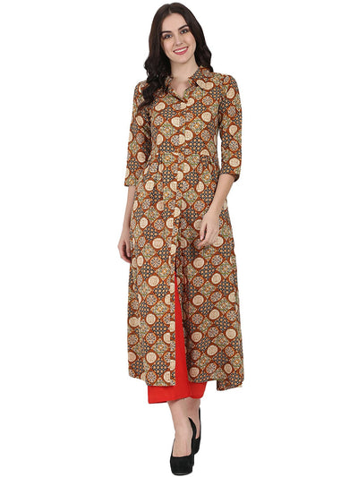 Rust printed 3/4th sleeve cotton A-line Kurta with red Tulip Pant