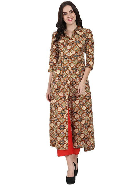 Rust printed 3/4th sleeve cotton A-line Kurta with red Tulip Pant