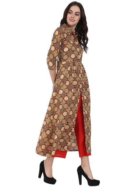 Rust printed 3/4th sleeve cotton A-line Kurta with red Tulip Pant