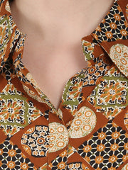Rust printed 3/4th sleeve cotton A-line Kurta with red Tulip Pant