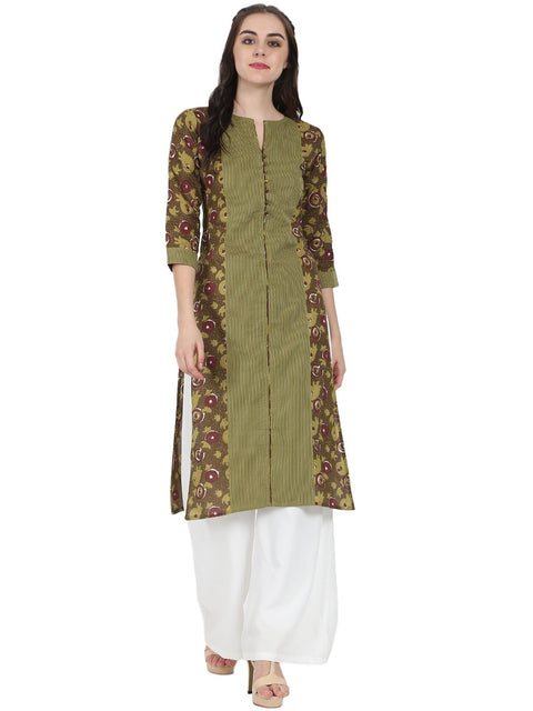 Green printed 3/4th sleeve cotton Kurta