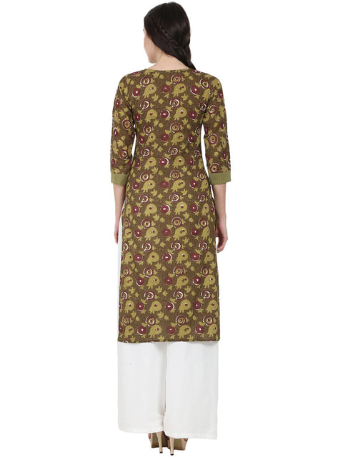 Green printed 3/4th sleeve cotton Kurta