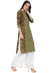 Green printed 3/4th sleeve cotton Kurta