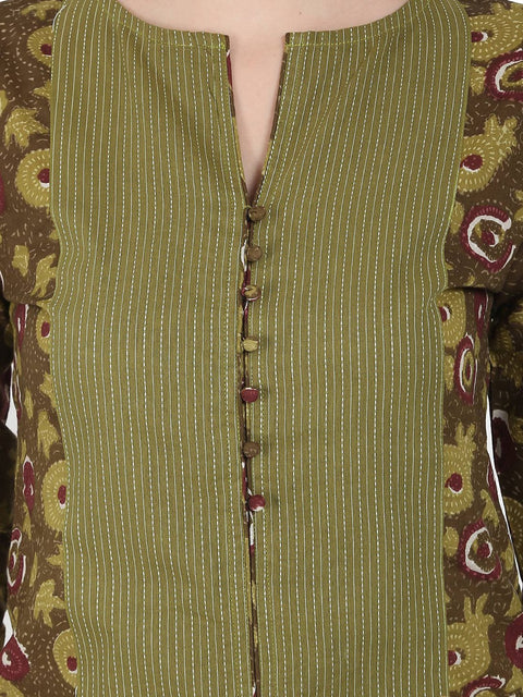 Green printed 3/4th sleeve cotton Kurta