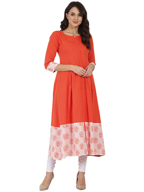 Orange printed 3/4th slevee cotton Anarkali kurta