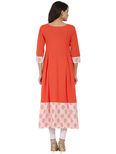 Orange printed 3/4th slevee cotton Anarkali kurta