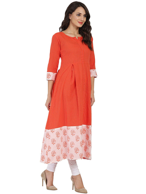 Orange printed 3/4th slevee cotton Anarkali kurta