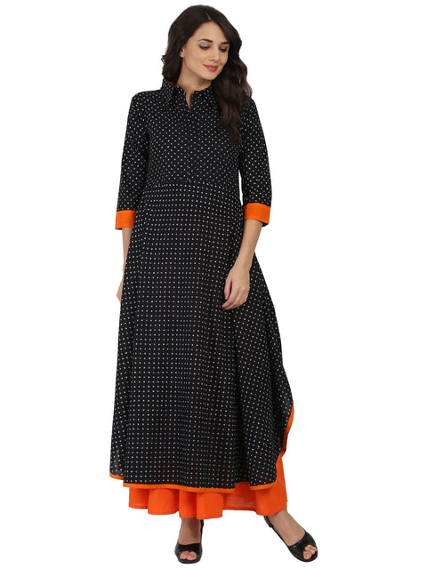 Black printed 3/4th sleeve Pathani shape kurta