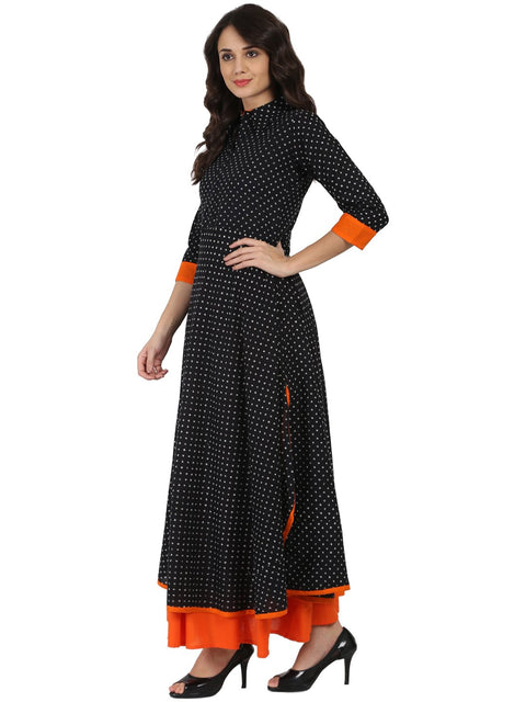 Black printed 3/4th sleeve Pathani shape kurta