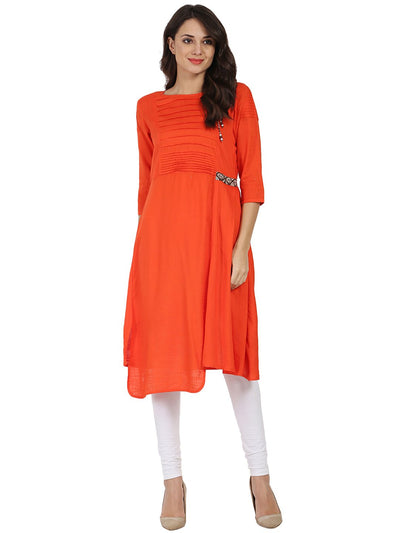 Orange 3/4th sleeve rayon slub A-line kurta with pleat work at yoke
