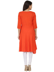 Orange 3/4th sleeve rayon slub A-line kurta with pleat work at yoke