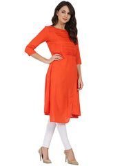 Orange 3/4th sleeve rayon slub A-line kurta with pleat work at yoke