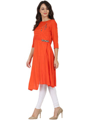 Orange 3/4th sleeve rayon slub A-line kurta with pleat work at yoke