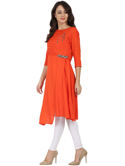 Orange 3/4th sleeve rayon slub A-line kurta with pleat work at yoke